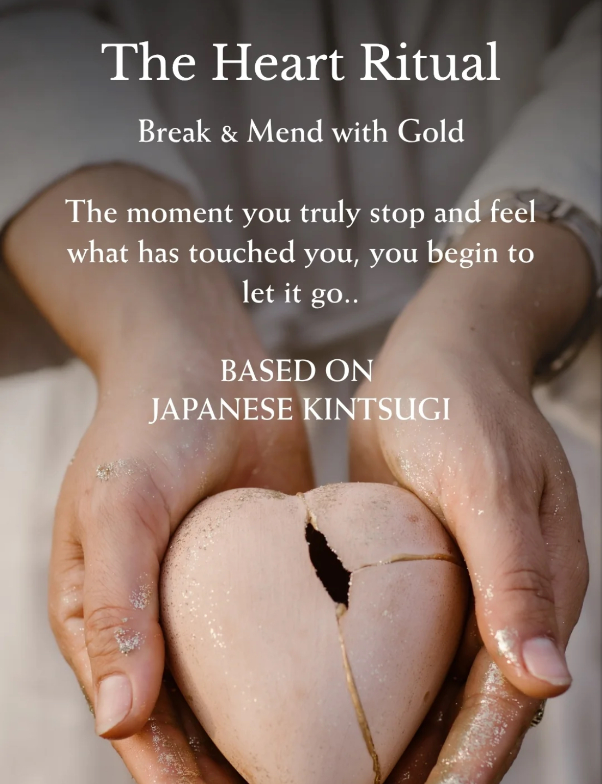 Hands holding a heart-shaped porcelain vessel, its cracks traced with gold