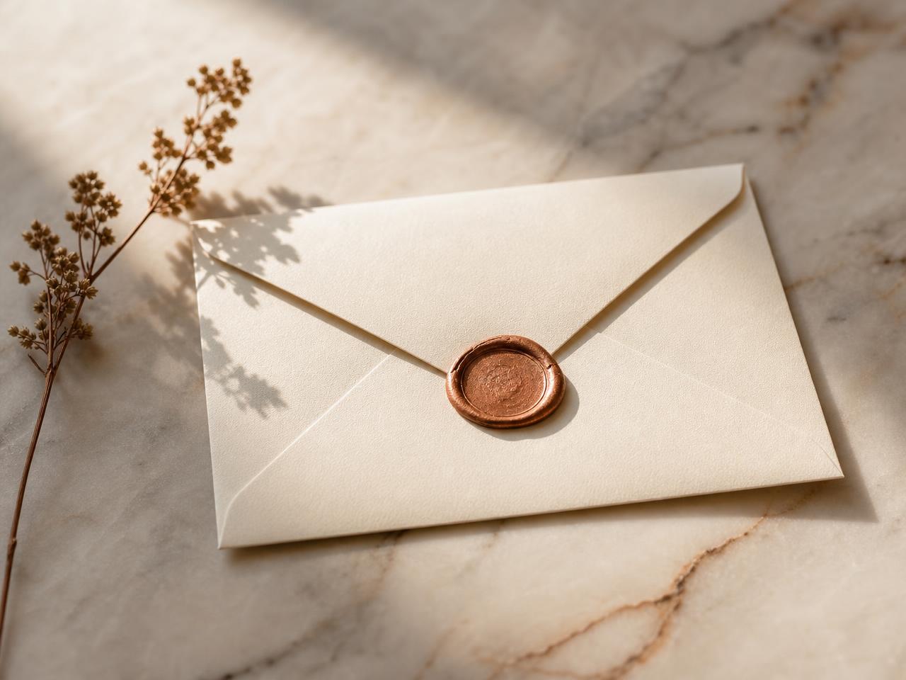 A letter sealed with copper wax beside a lit beeswax candle on a marble surface